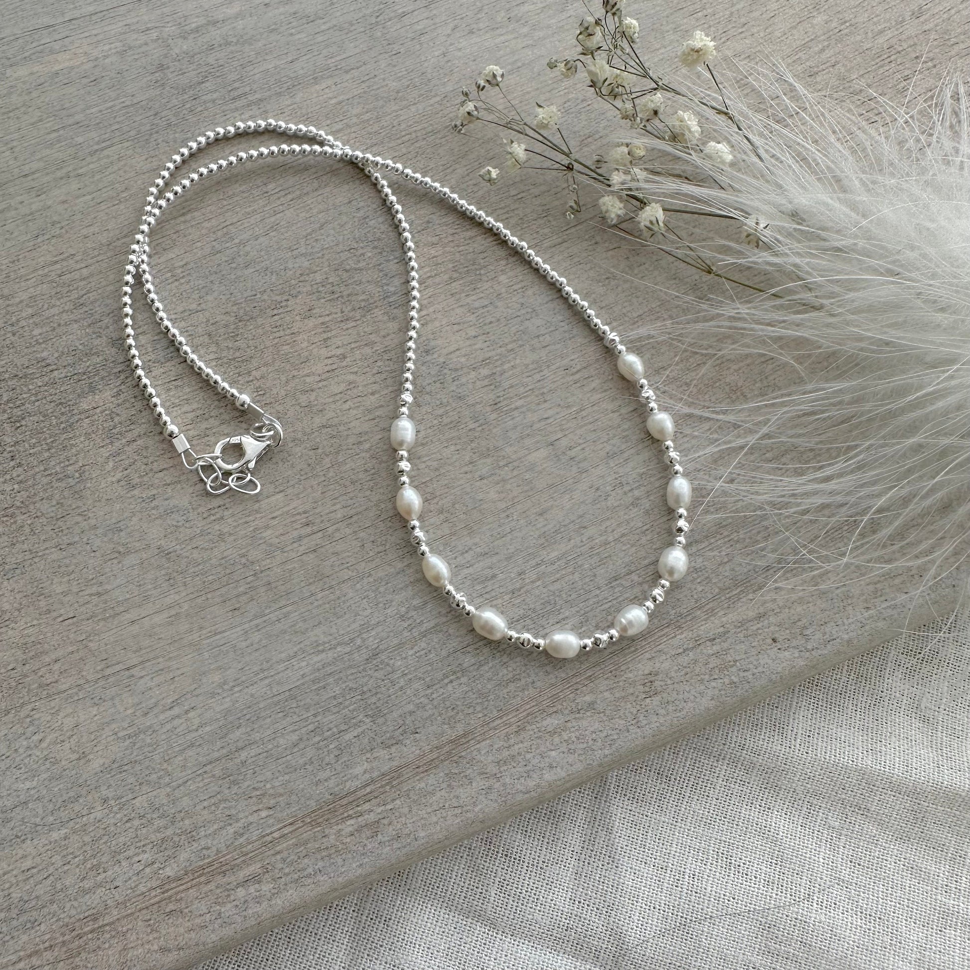 Pearl Sterling Silver Beaded Necklace, June Birthstone oval ivory pearl jewellery made to order