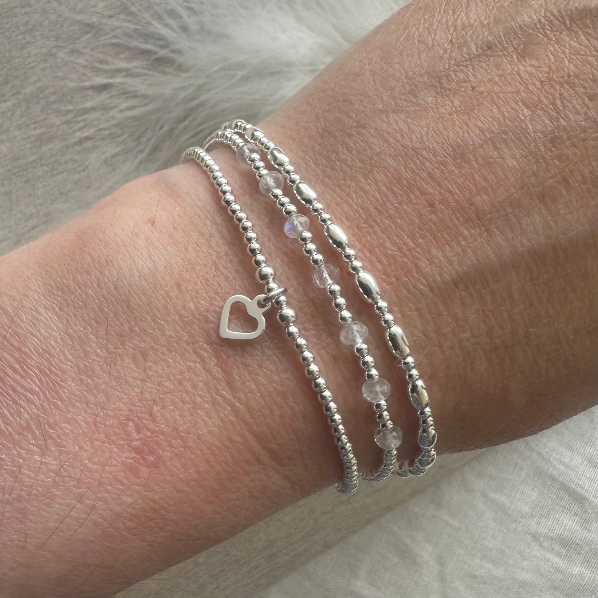 A Dainty June Birthstone Moonstone Bracelet Set, June Stacking Bracelets for Women in Sterling Silver