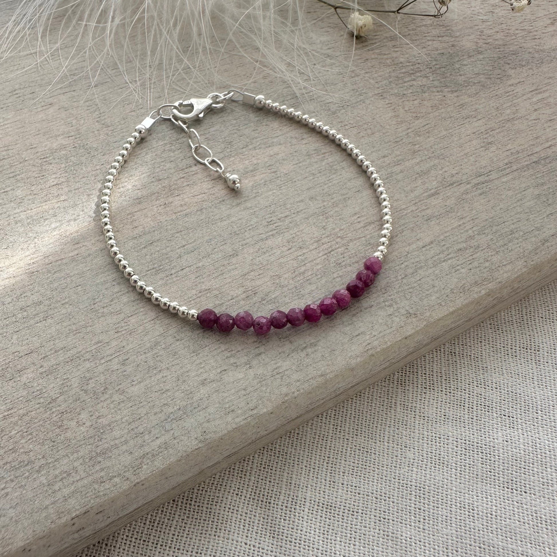 Ruby July Birthstone Bracelet, dainty stacking bracelet in sterling silver