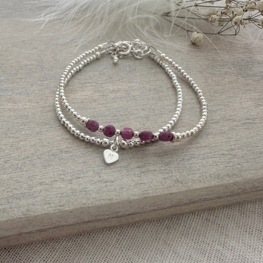 Set of Silver & Ruby Bracelets, Dainty July Birthstone Bracelet in Sterling Silver