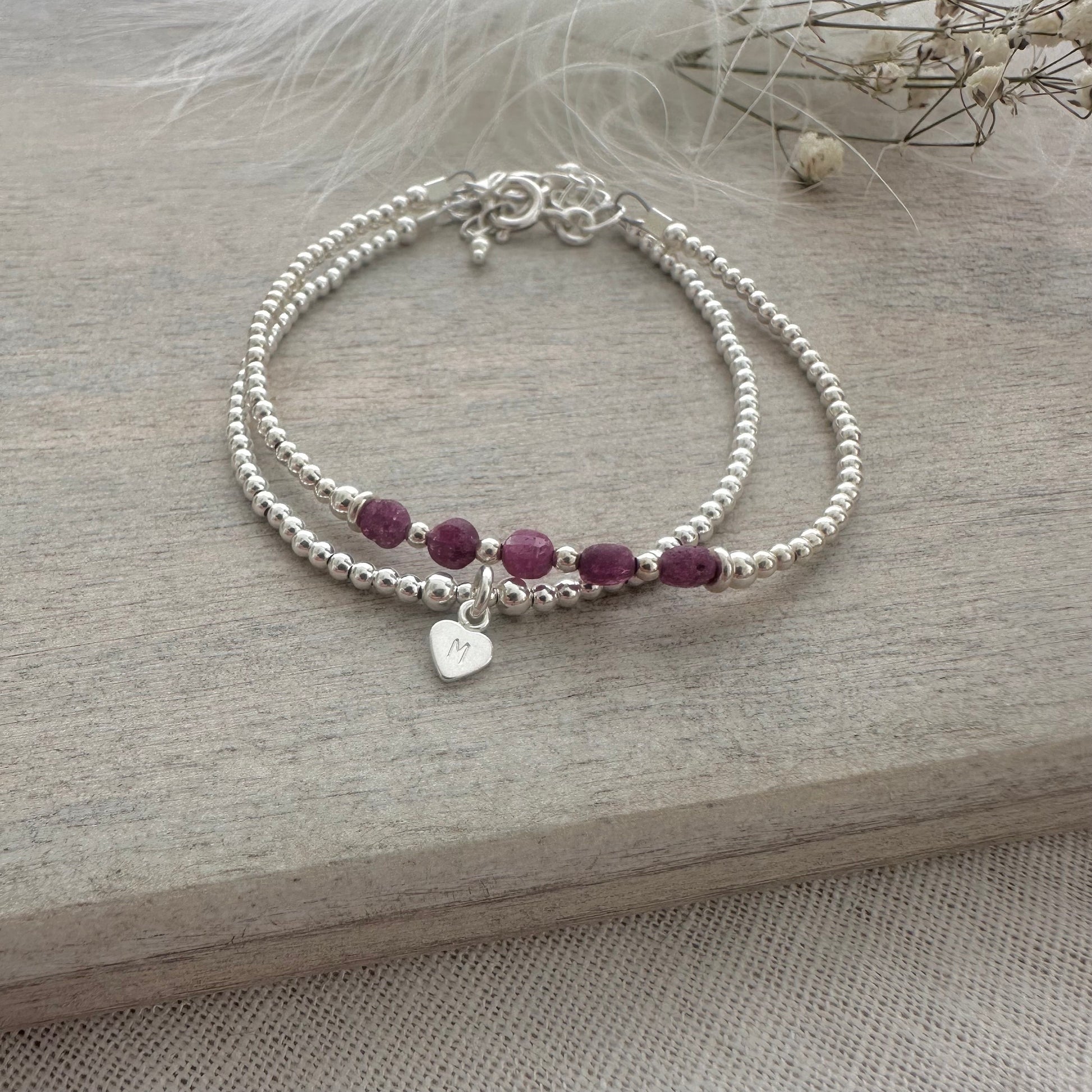 Set of Silver & Ruby Bracelets, Dainty July Birthstone Bracelet in Sterling Silver