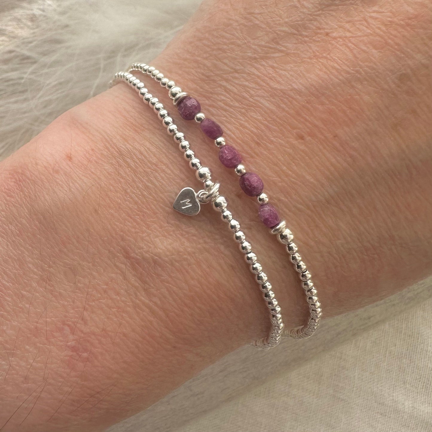 Set of Silver & Ruby Bracelets, Dainty July Birthstone Bracelet in Sterling Silver