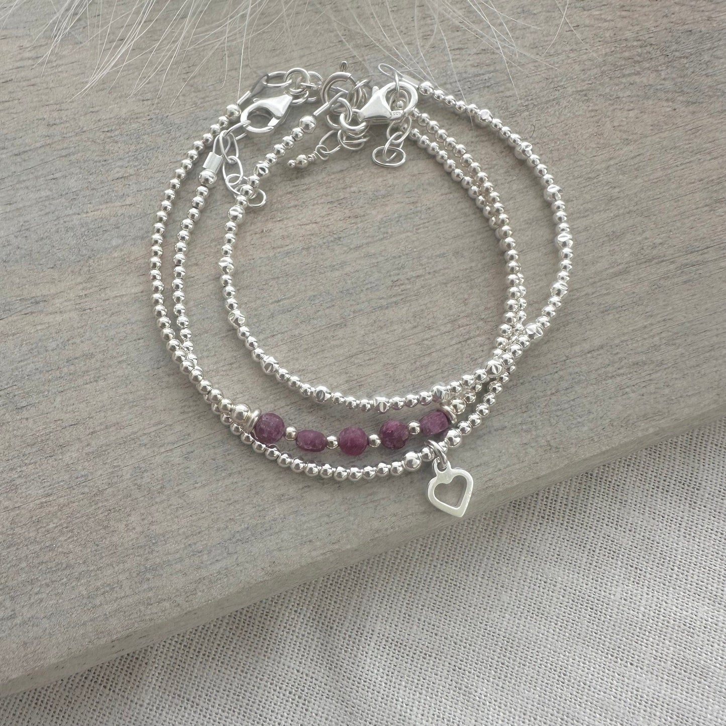 July Birthstone Ruby Bracelet Set, Dainty Sterling Silver Stacking Bracelets for Women