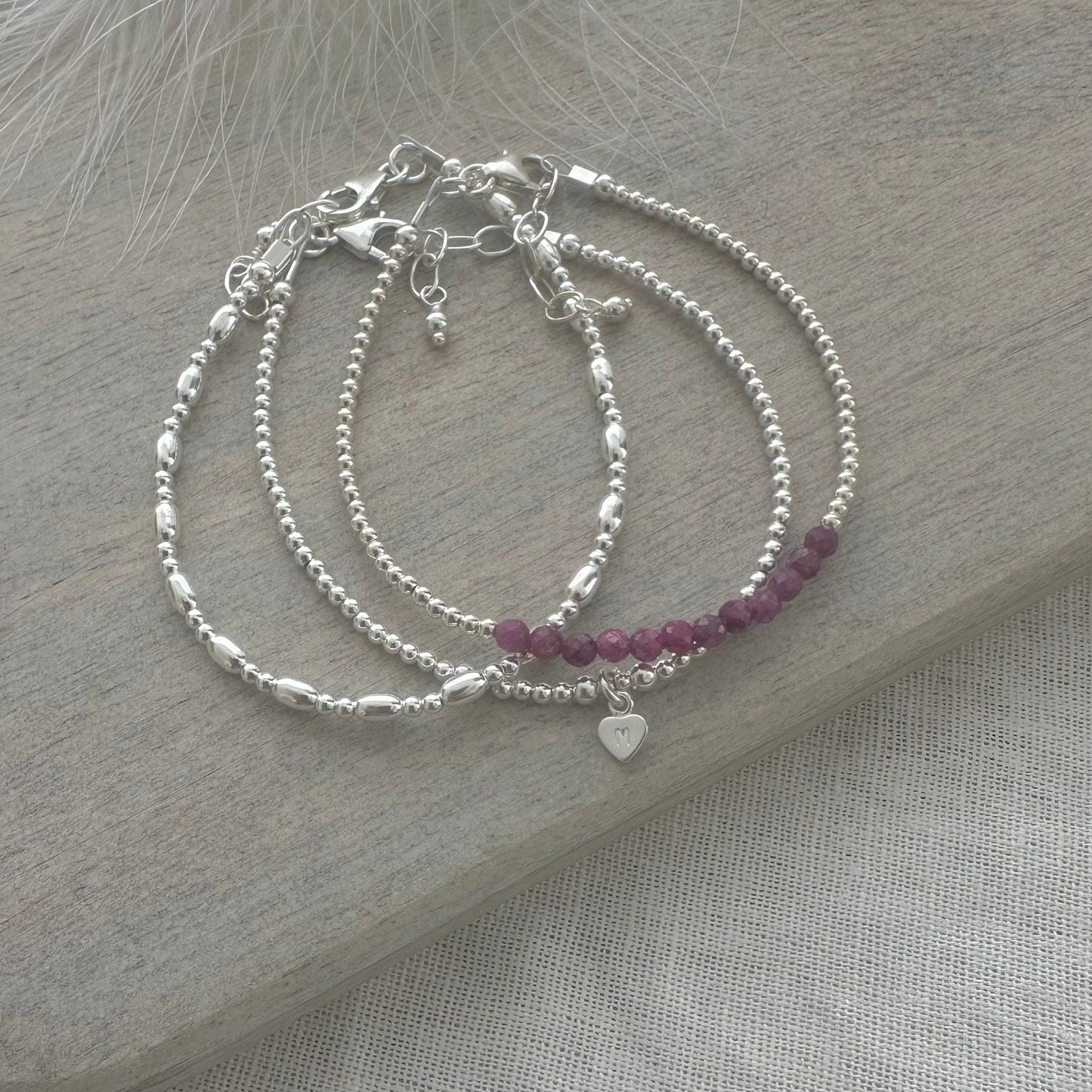 Personalised July Birthstone Ruby Bracelet Set, Dainty Sterling Silver Stacking Bracelets for Women