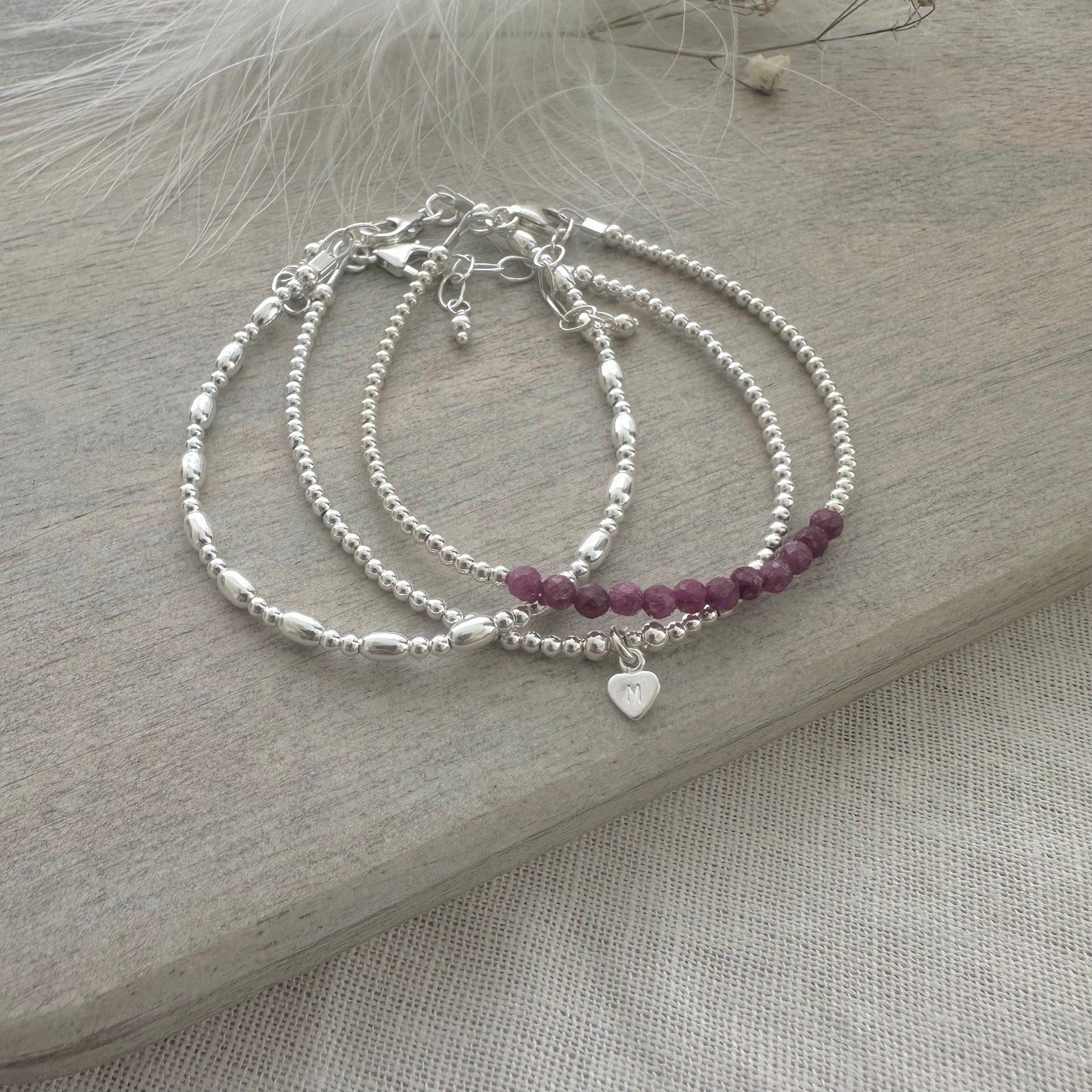 Personalised July Birthstone Ruby Bracelet Set, Dainty Sterling Silver Stacking Bracelets for Women