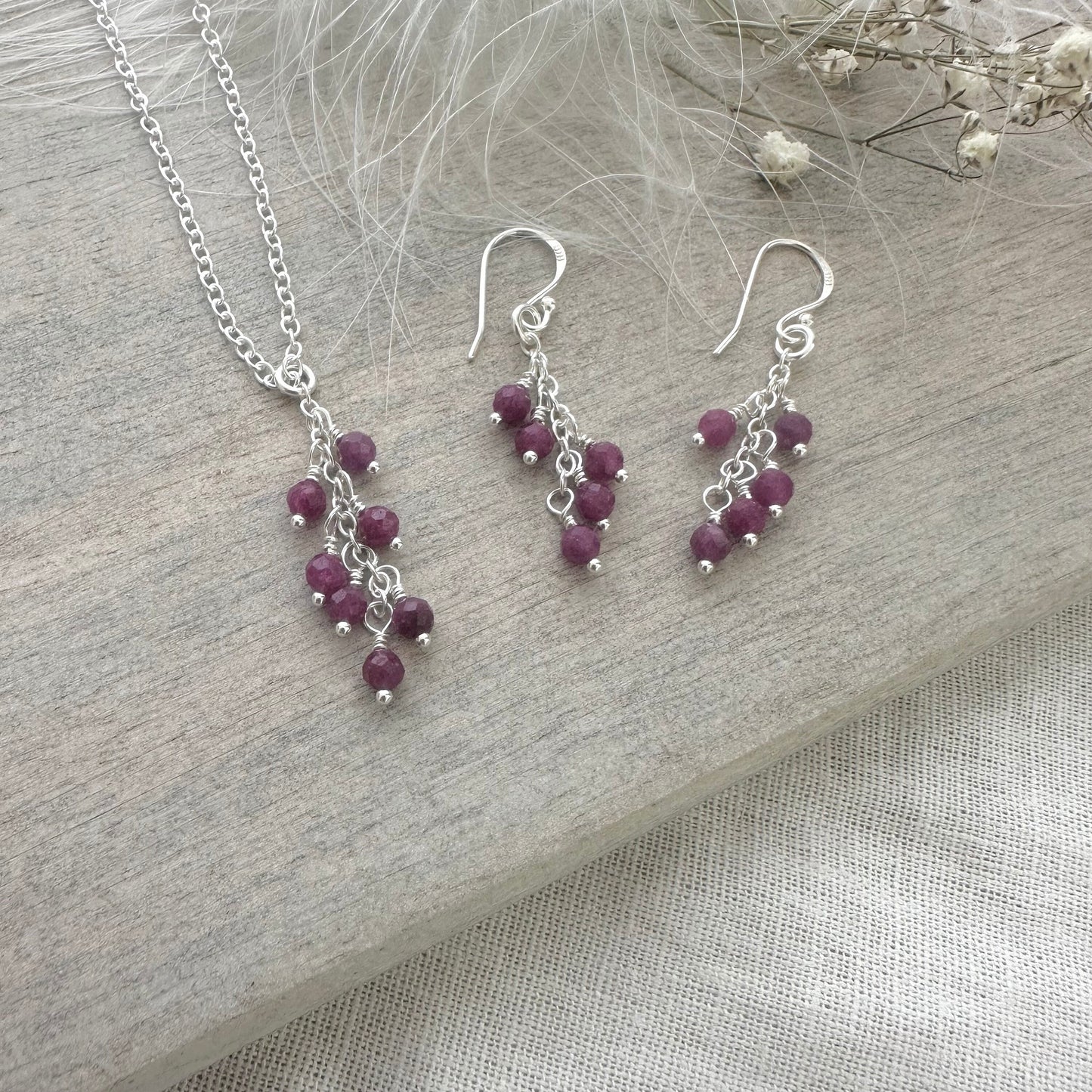 Ruby Necklace Earrings Set, July Birthstone Sterling Silver - Dainty Jewellery Gift for Women