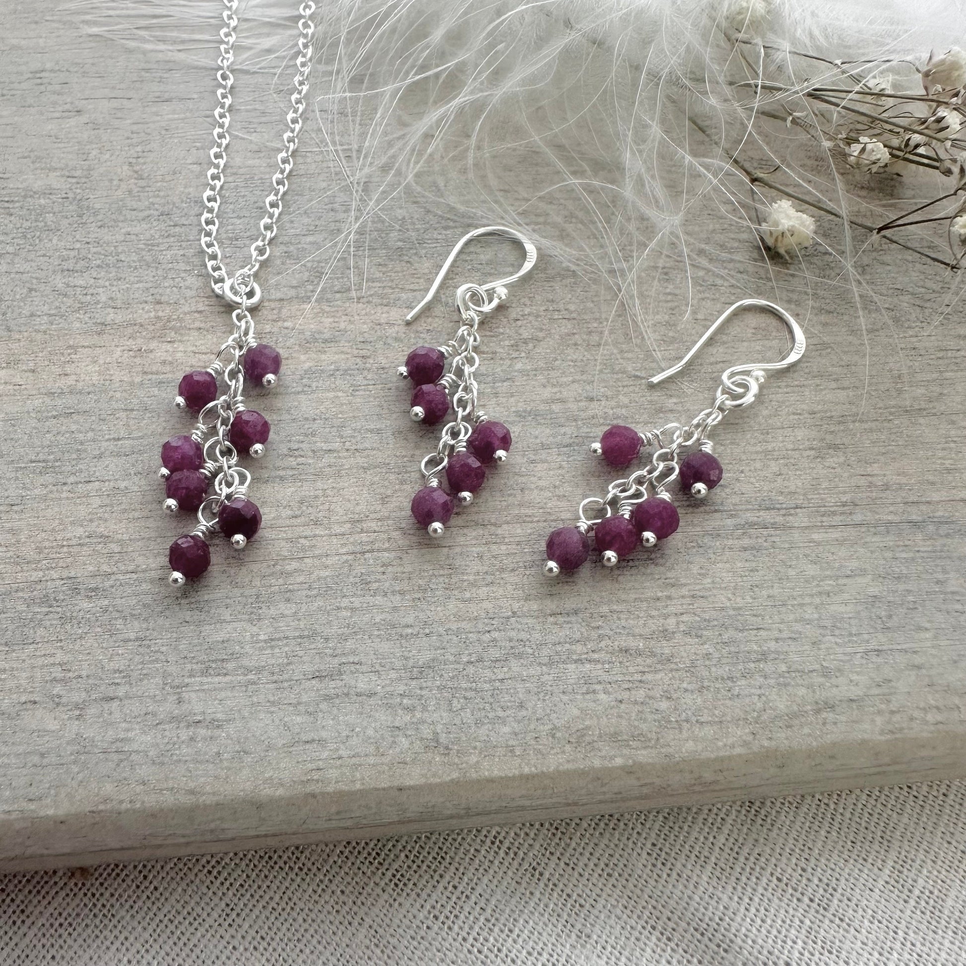 Ruby Necklace Earrings Set, July Birthstone Sterling Silver - Dainty Jewellery Gift for Women