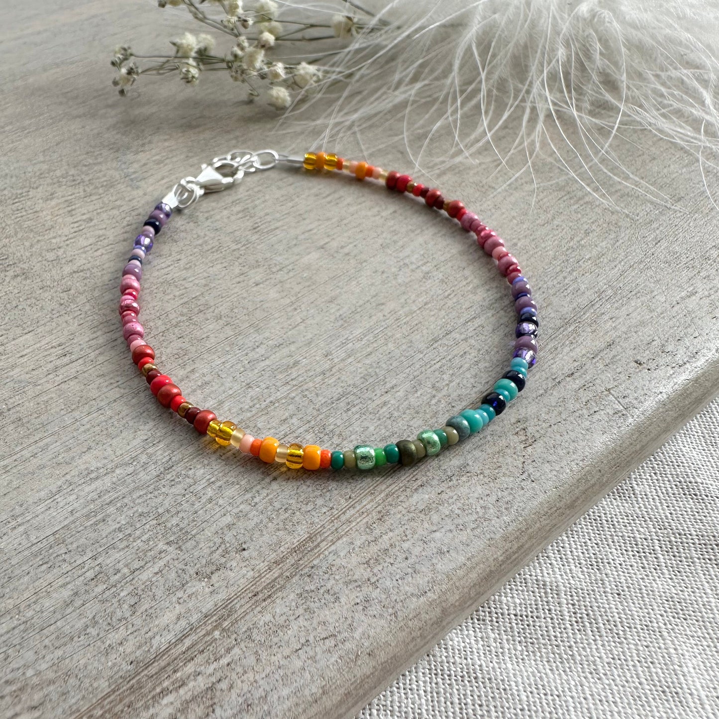 Thin Rainbow Beaded Bracelet necklace set with seed beads rainbow colours