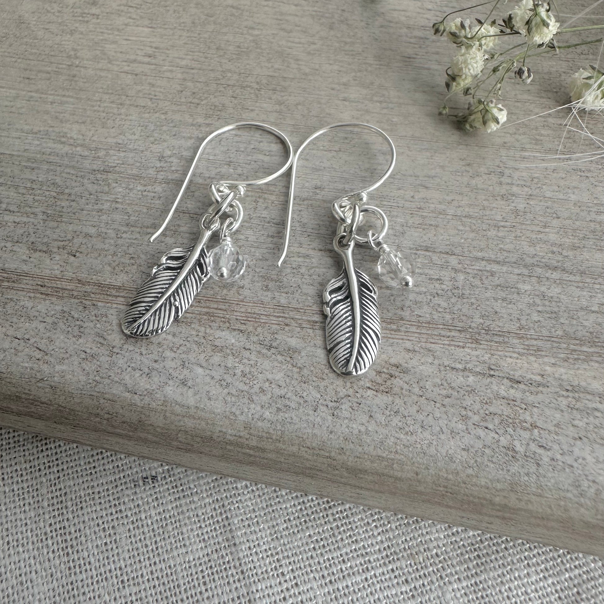 Silver Feather Earrings with birthstone and 925 sterling silver