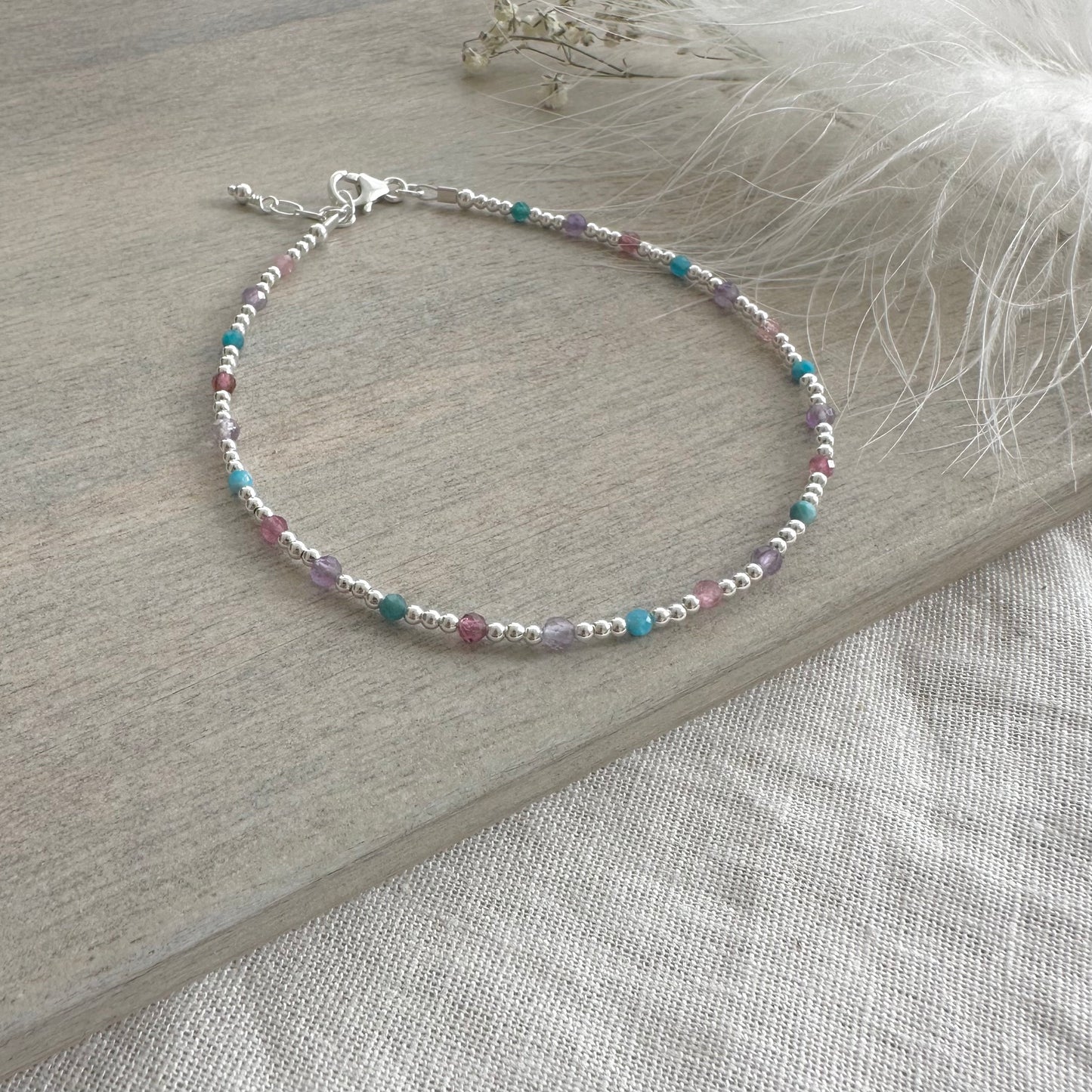 Gemstone Anklet for Summer, Sterling Silver colourful ankle bracelet for summer holidays