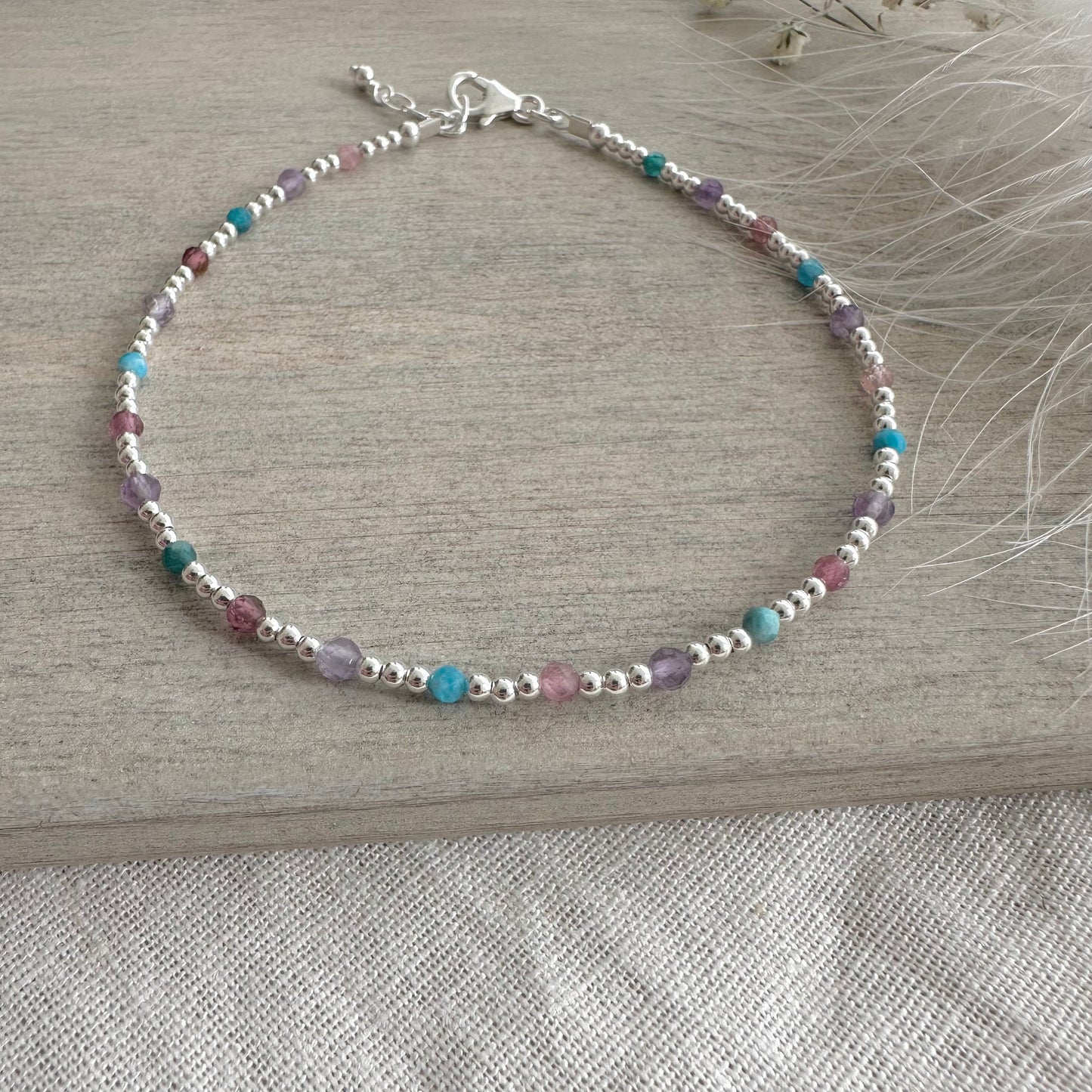 Gemstone Anklet for Summer, Sterling Silver colourful ankle bracelet for summer holidays