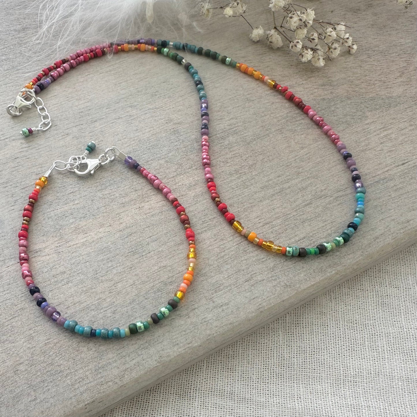 Thin Rainbow Beaded Bracelet necklace set with seed beads rainbow colours