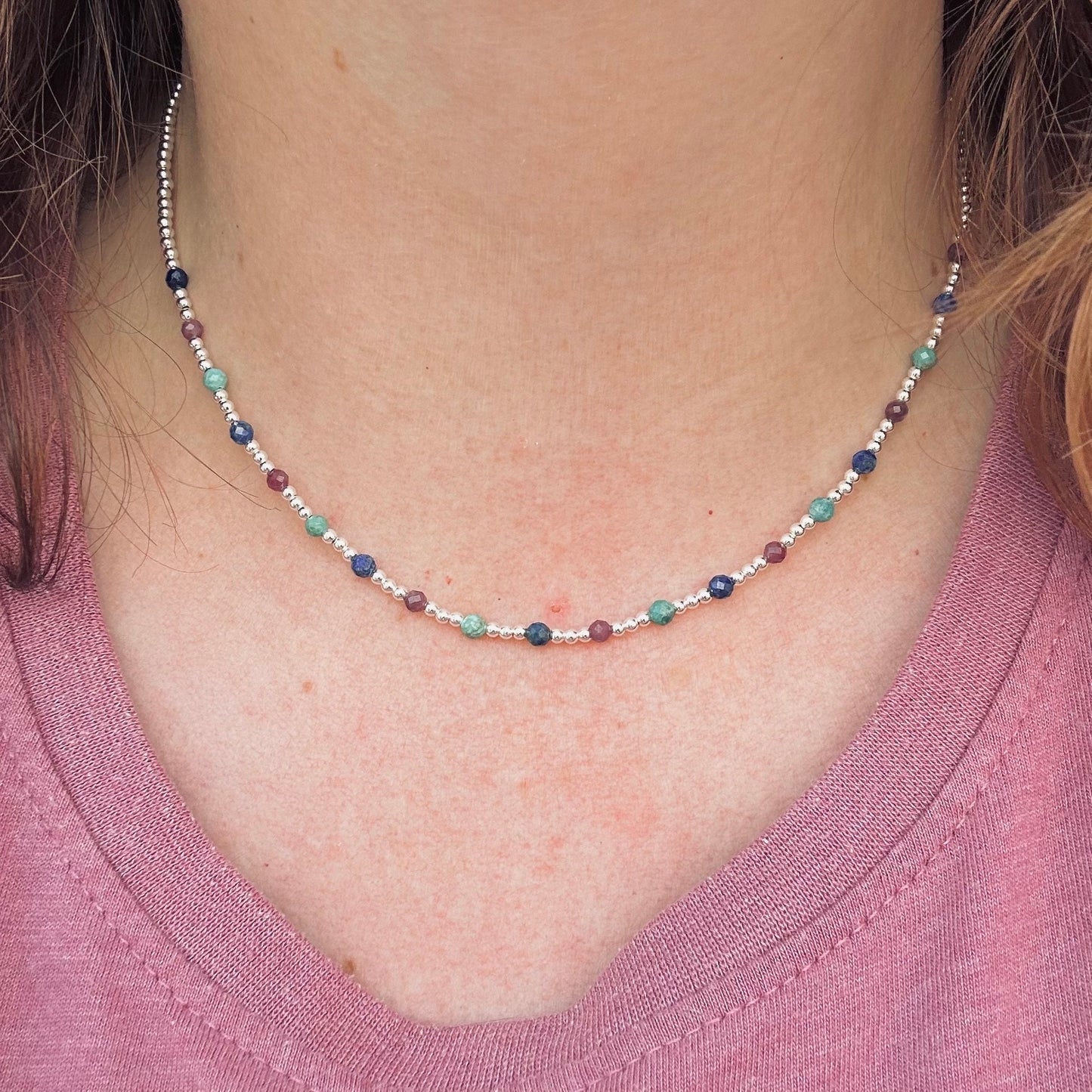 Dainty summer gemstone Necklace, Sterling Silver colourful necklace for summer holidays