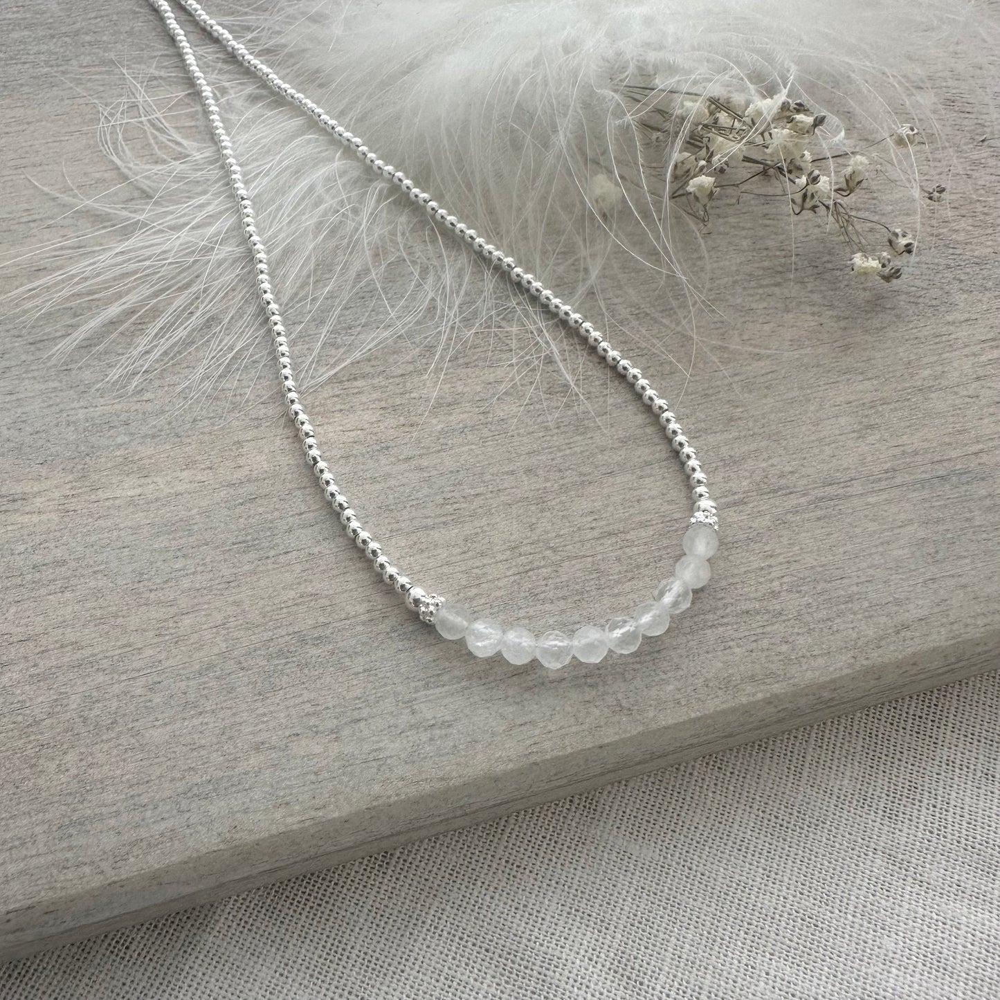 Thin Moonstone and Sterling Silver Bead Necklace, June Birthstone