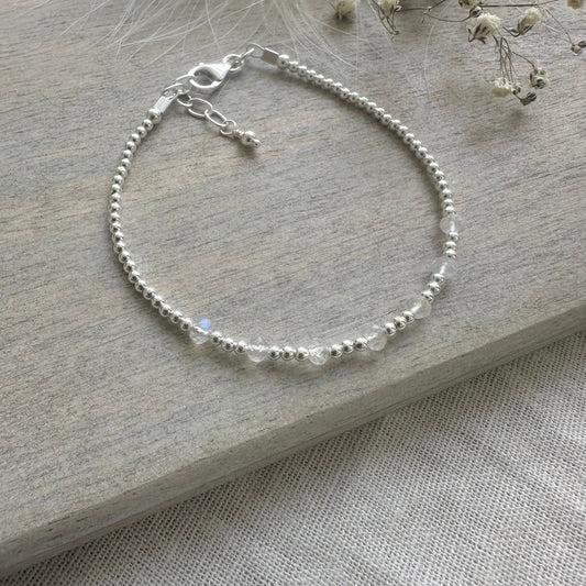 Sterling Silver and Rainbow Moonstone Bracelet, Flashy June Birthstone Jewellery