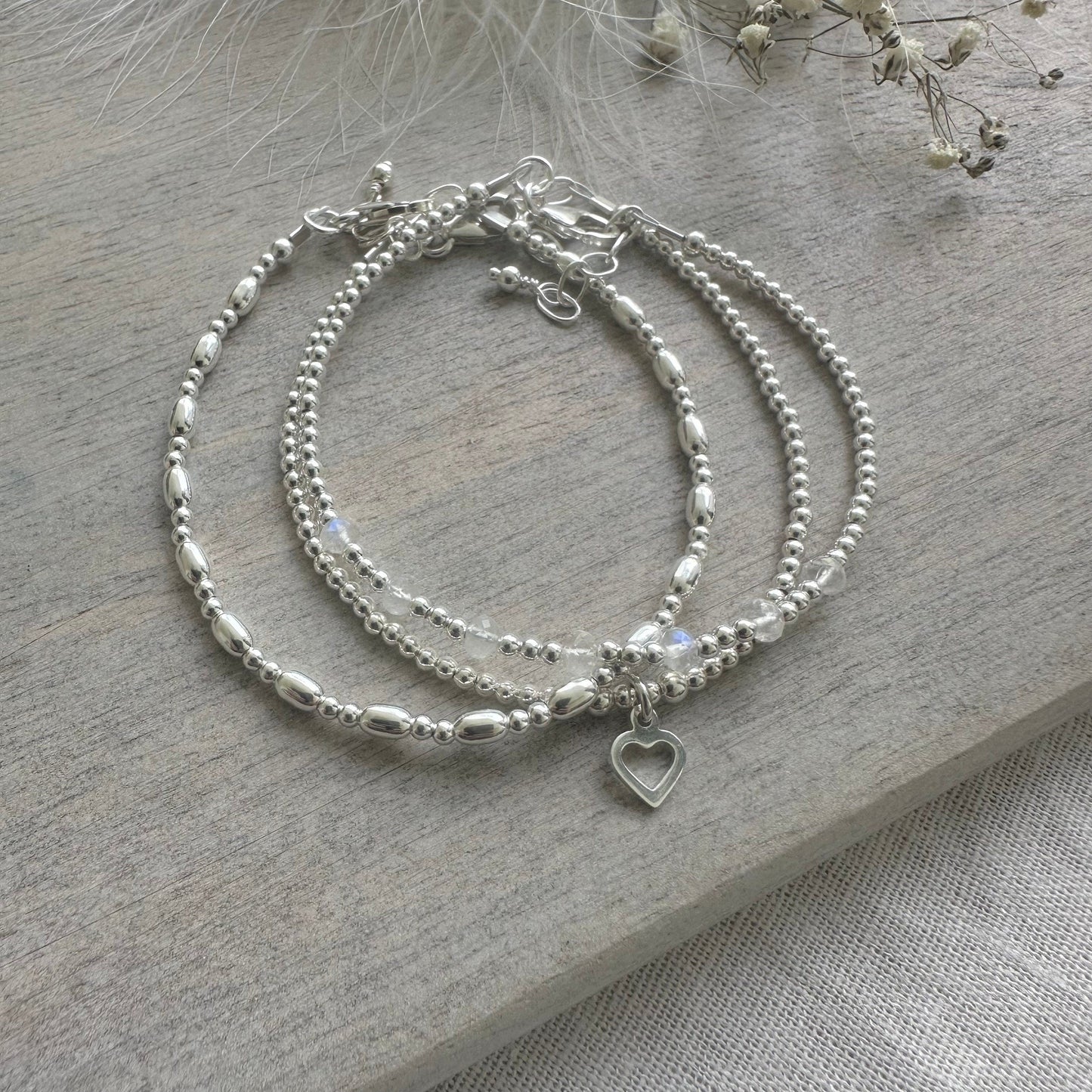 A Dainty June Birthstone Moonstone Bracelet Set, June Stacking Bracelets for Women in Sterling Silver