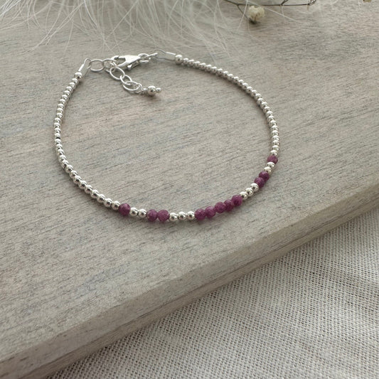 July Birthstone Ruby Bracelet, dainty stacking bracelet in sterling silver