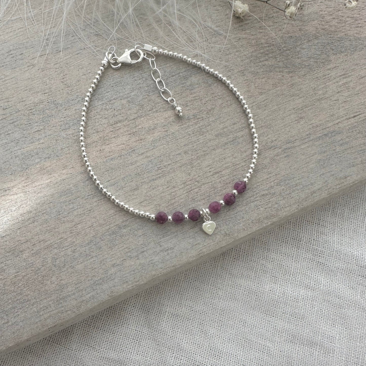 Dainty Personalised Ruby Bracelet, July Birthstone Jewellery in Sterling Silver