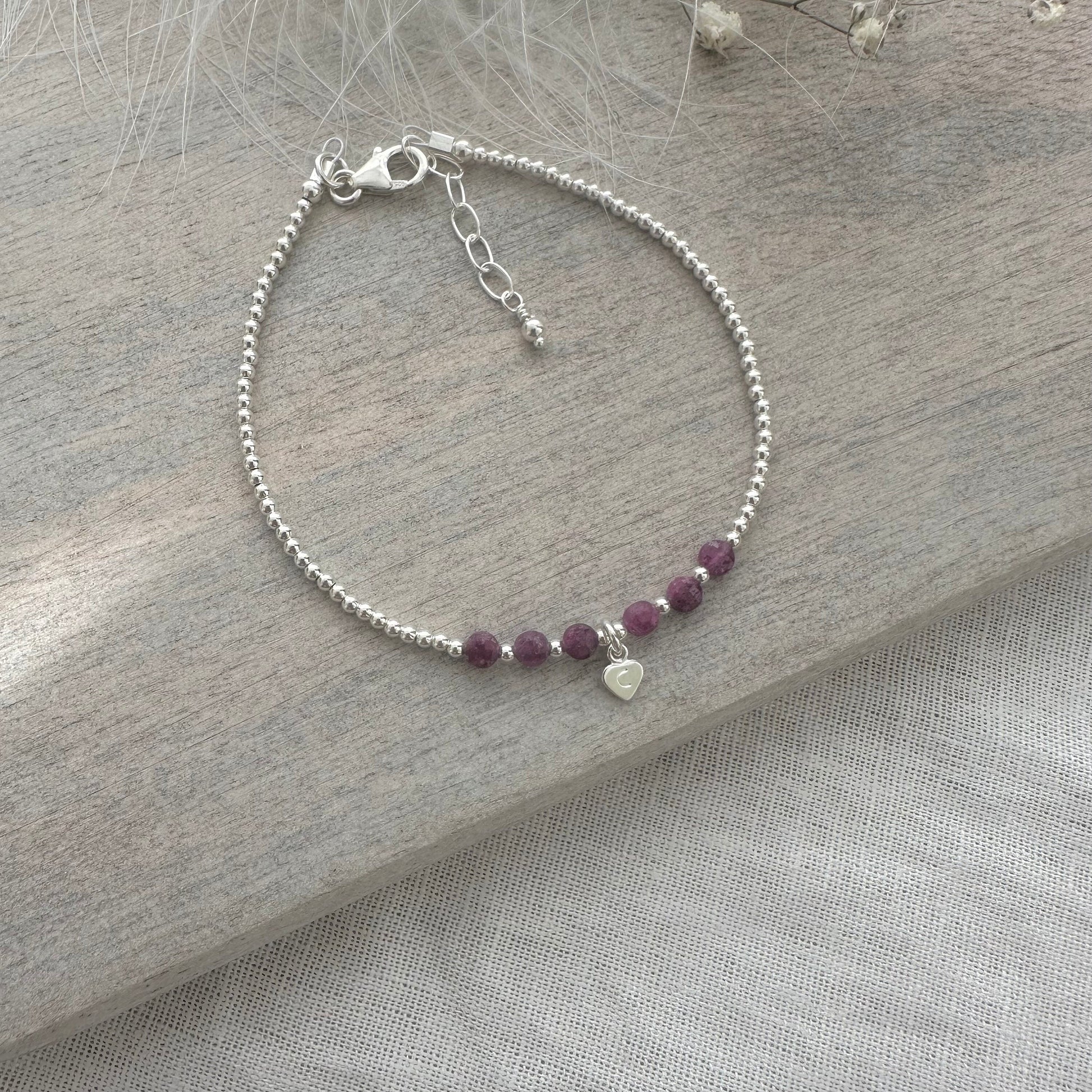 Dainty Personalised Ruby Bracelet, July Birthstone Jewellery in Sterling Silver