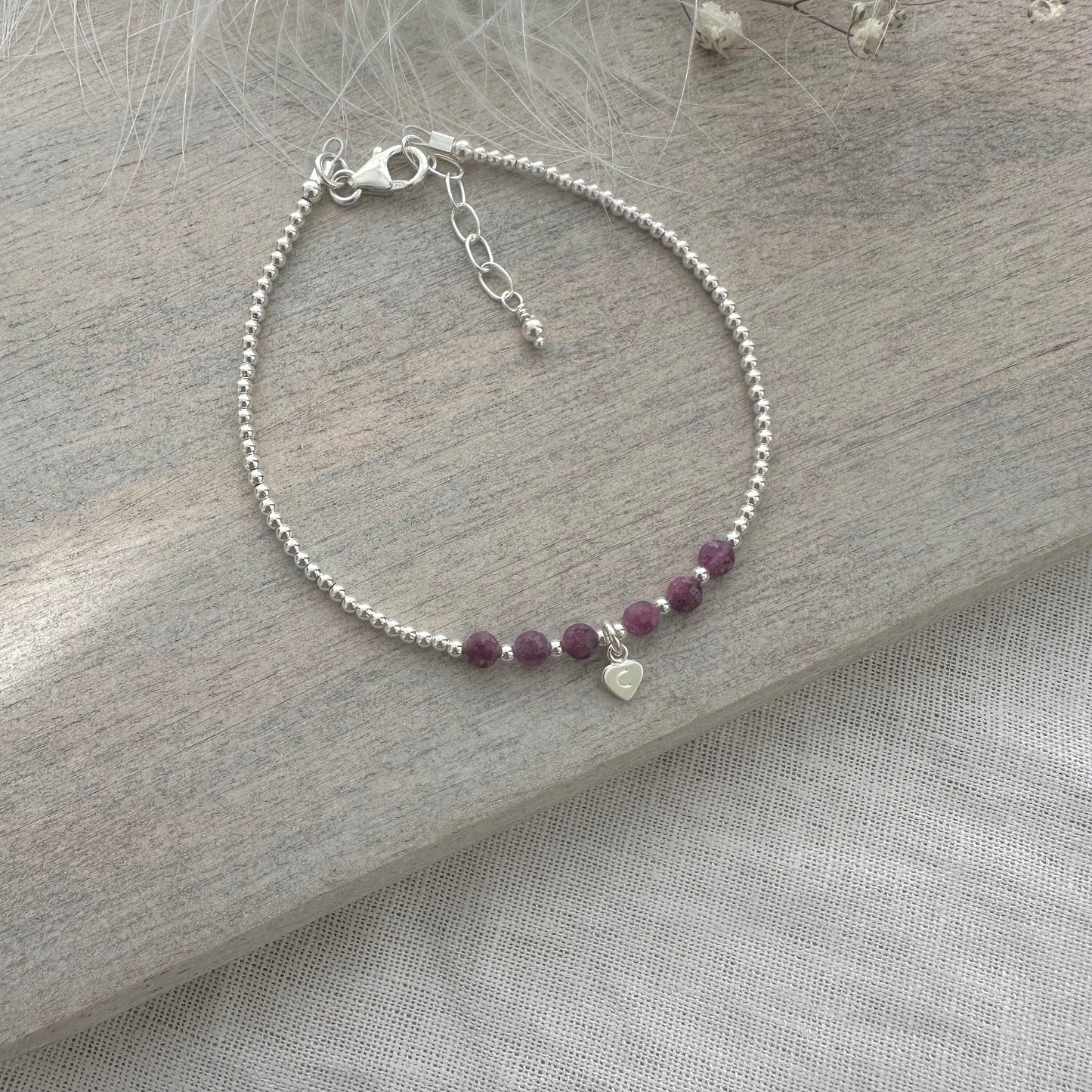 Dainty Personalised Ruby Bracelet, July Birthstone Jewellery in Sterling Silver