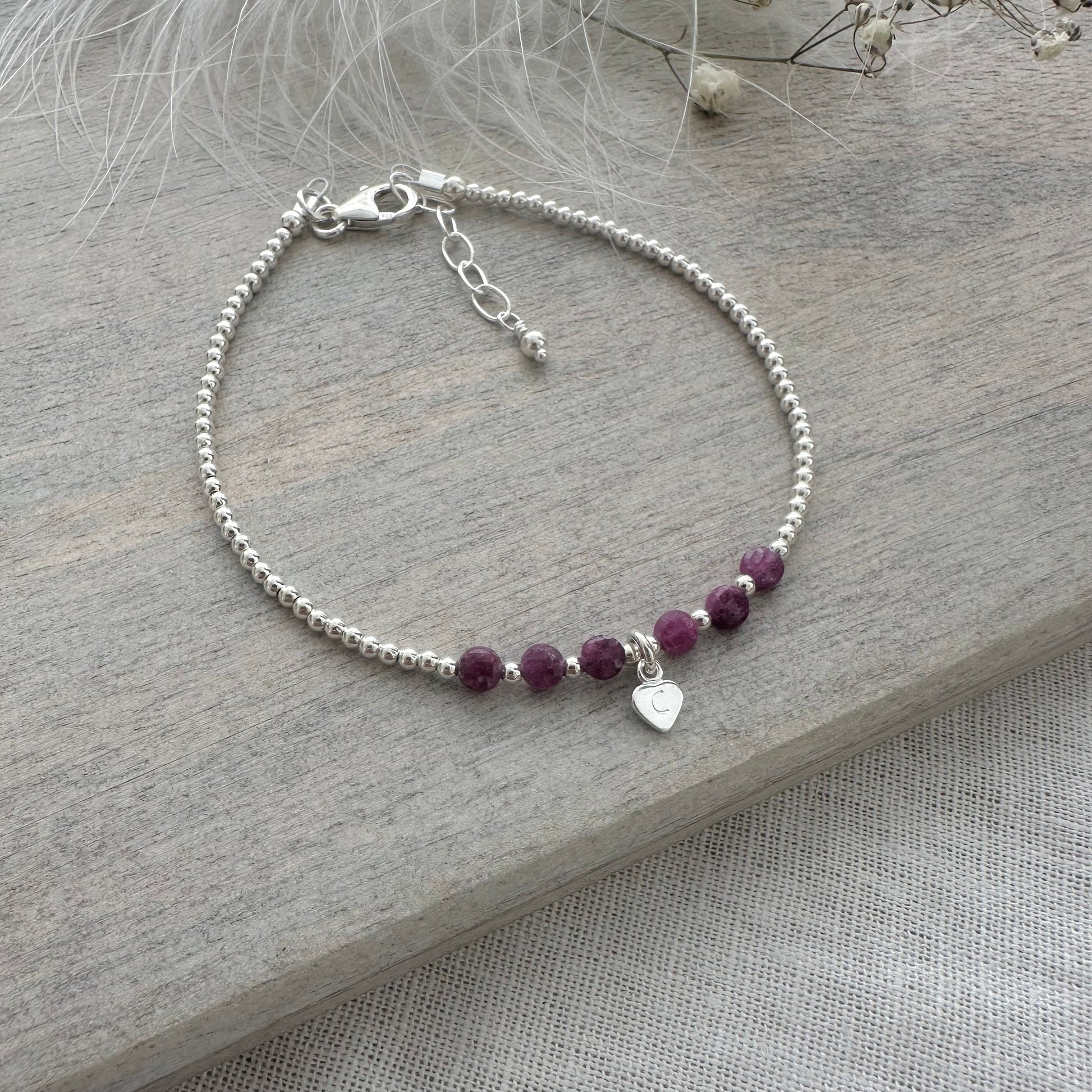 Dainty Personalised Ruby Bracelet, July Birthstone Jewellery in Sterling Silver