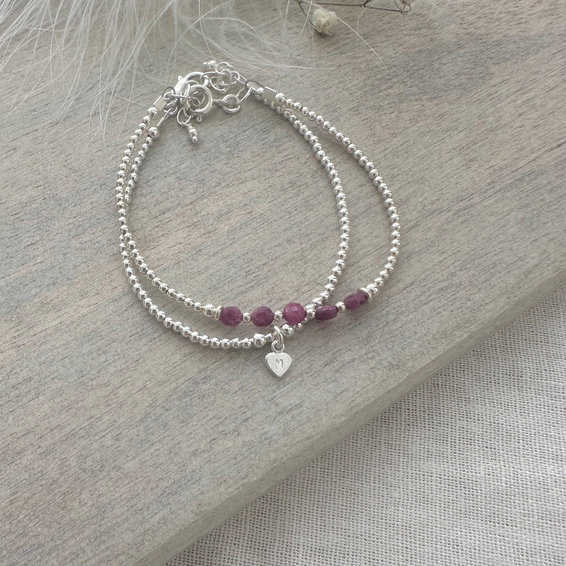 Set of Silver & Ruby Bracelets, Dainty July Birthstone Bracelet in Sterling Silver