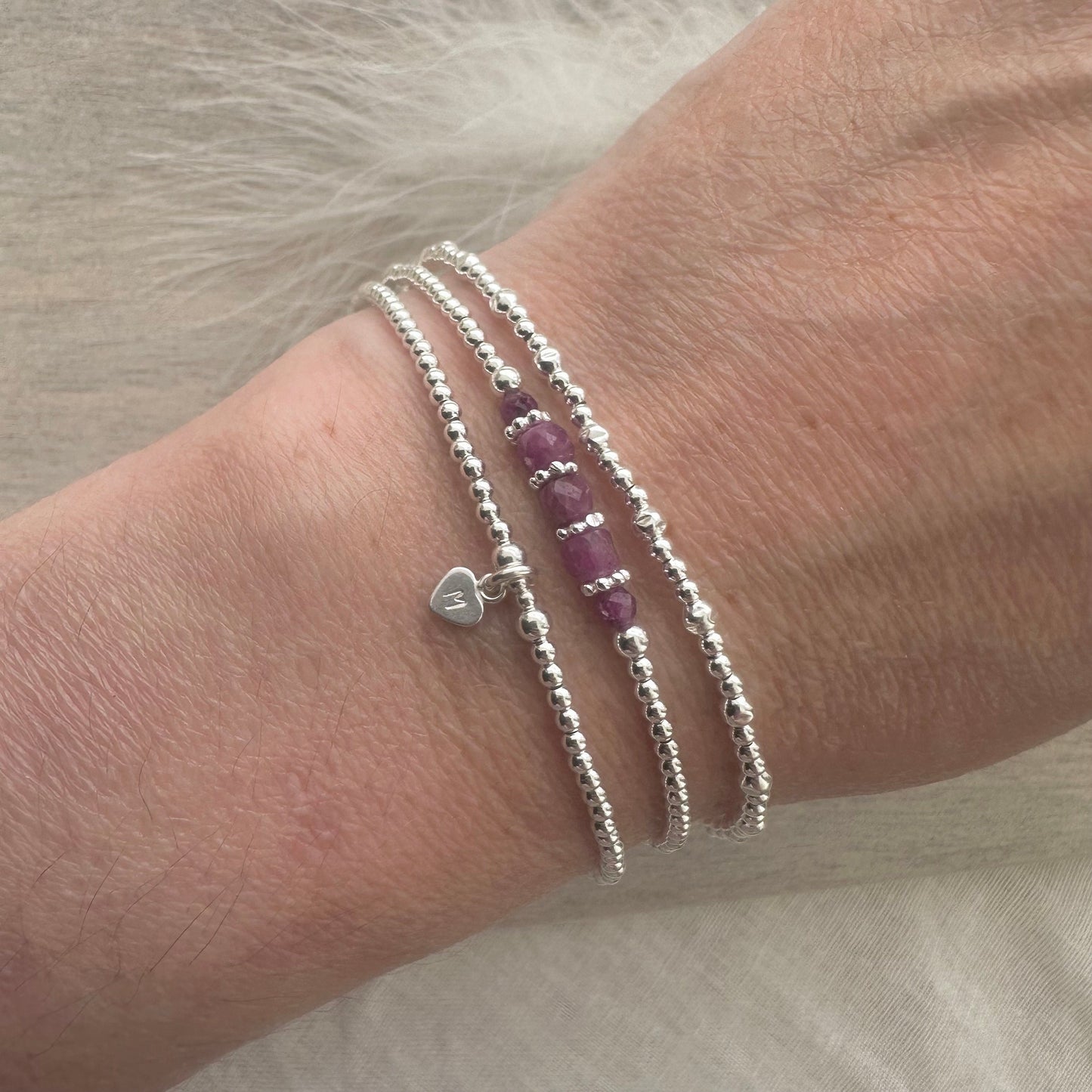 Personalised July Birthstone dark Ruby Bracelet Set, Dainty Sterling Silver Stacking Bracelets for Women