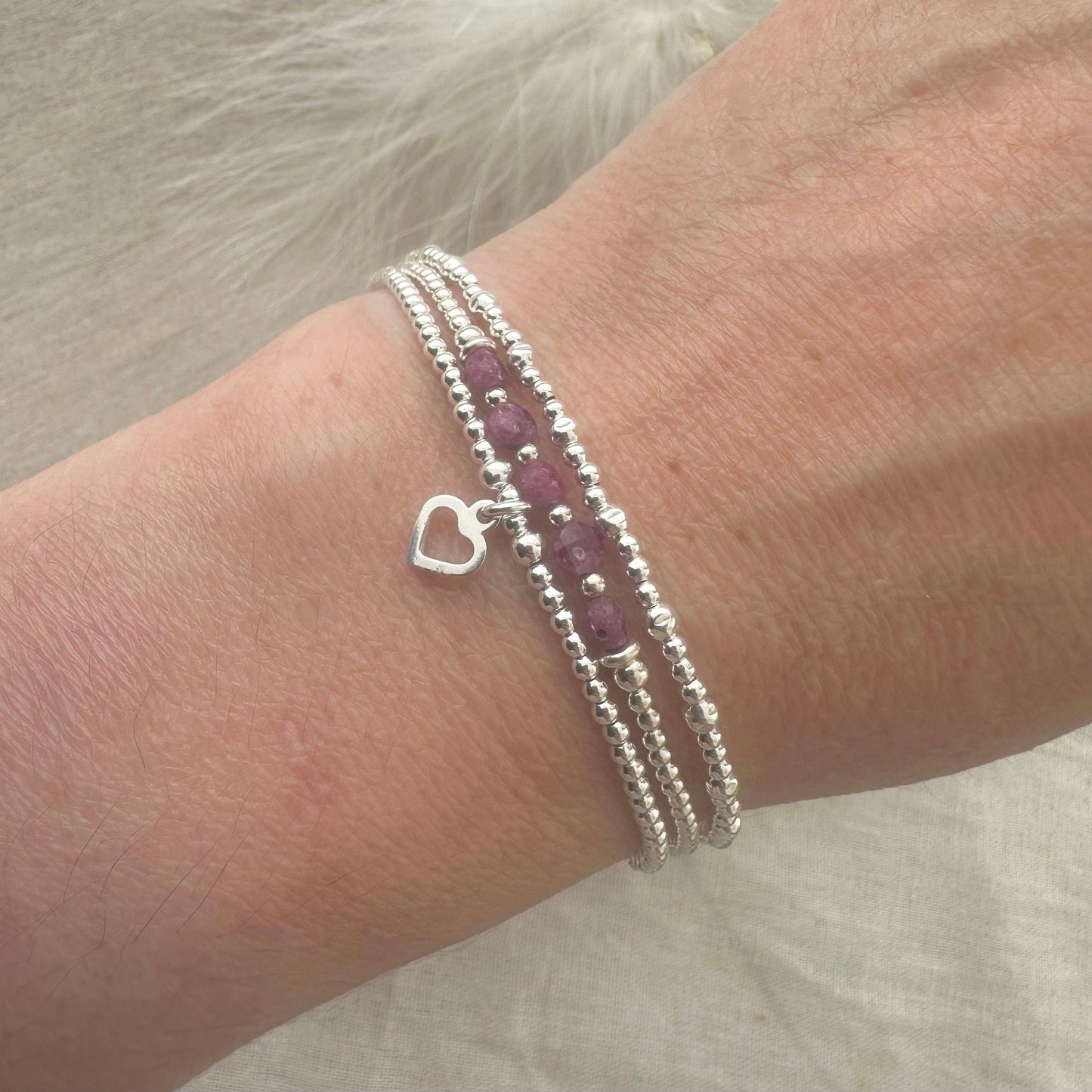 July Birthstone Ruby Bracelet Set, Dainty Sterling Silver Stacking Bracelets for Women