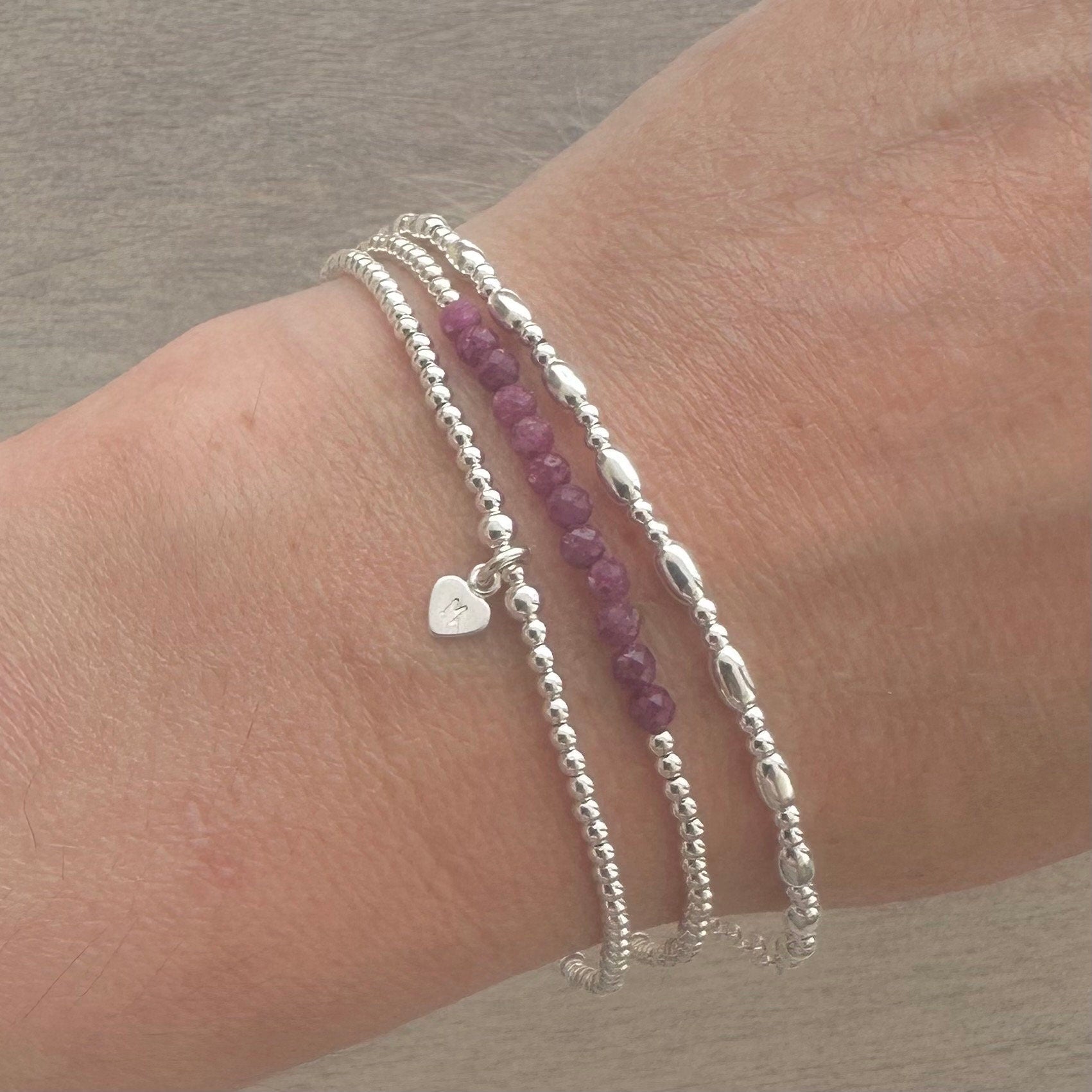 Personalised July Birthstone Ruby Bracelet Set, Dainty Sterling Silver Stacking Bracelets for Women