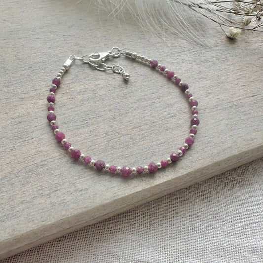 July Birthstone Bracelet, Dainty Ruby Bracelet in Sterling Silver