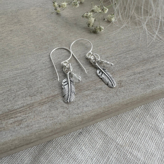 Silver Feather Earrings with birthstone and 925 sterling silver