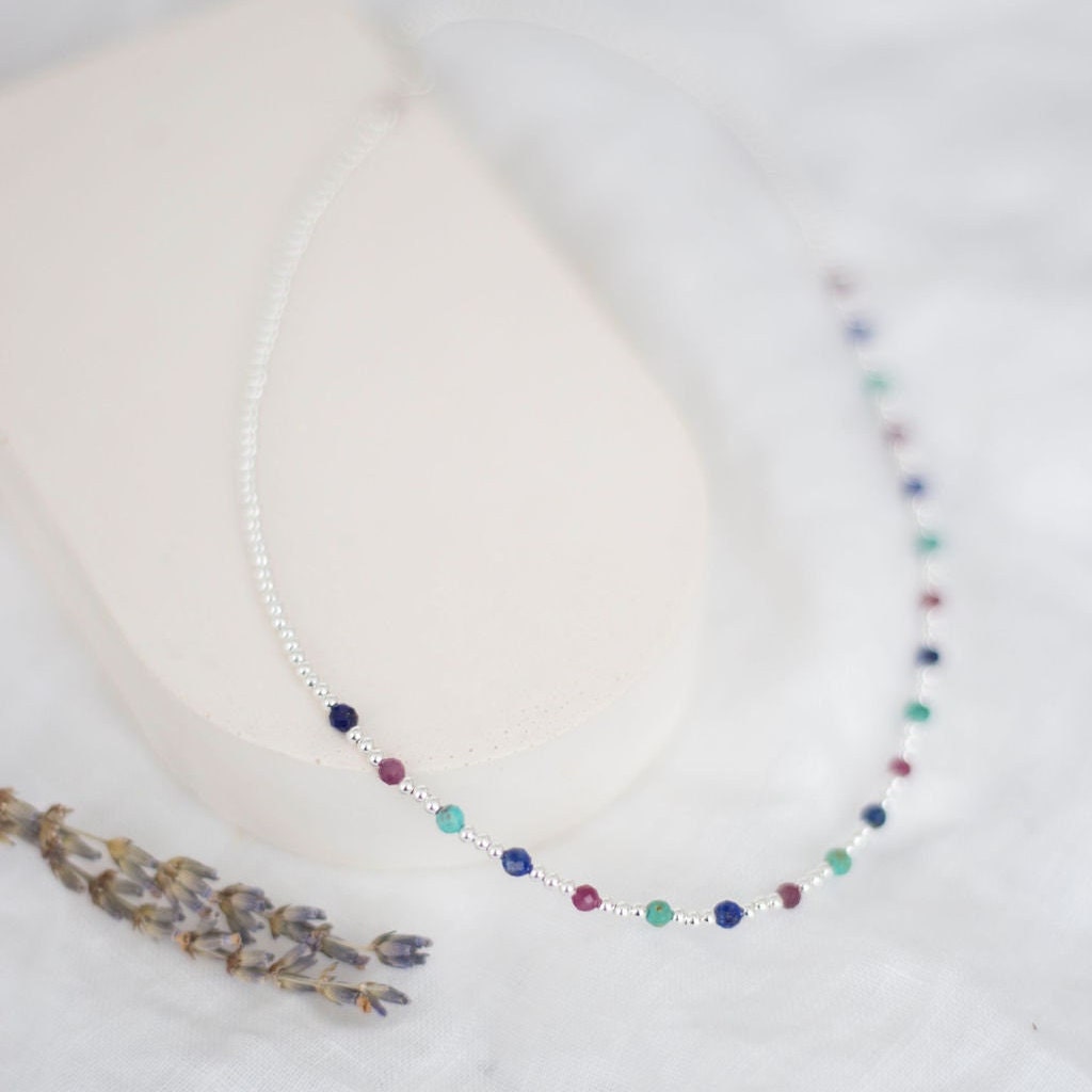 Dainty summer gemstone Necklace, Sterling Silver colourful necklace for summer holidays