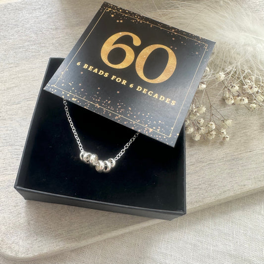 60th Birthday Gift 6 Beads 6 Decades Necklace, Jewellery Gift for Her 60th in Sterling Silver