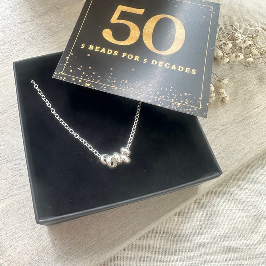 50th Birthday Gift 5 Beads 5 Decades Necklace, Jewellery Gift for Her 50th in Sterling Silver