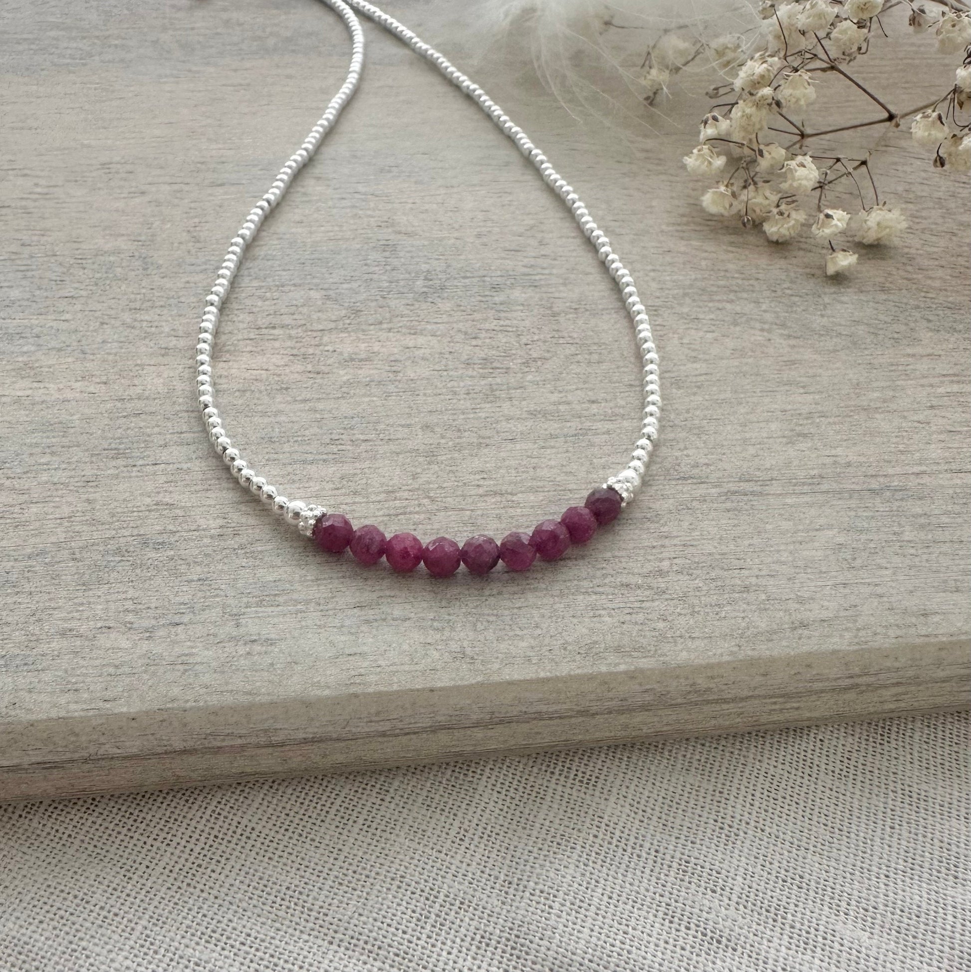 July Birthstone Ruby Necklace - Sterling Silver Beads