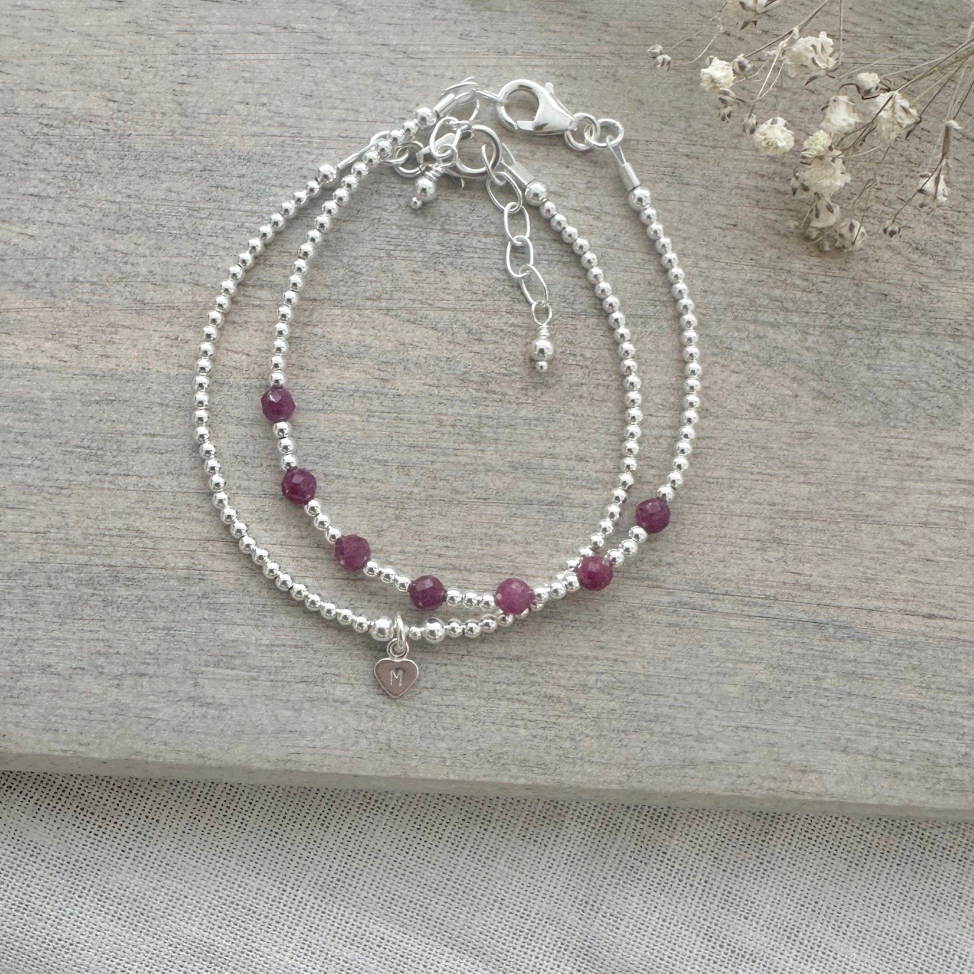 Personalised Ruby Bracelet Set, July Birthstone Jewellery