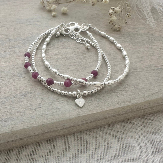 Personalised July Birthstone Ruby Bracelet Set, Dainty Sterling Silver Stacking Bracelets for Women