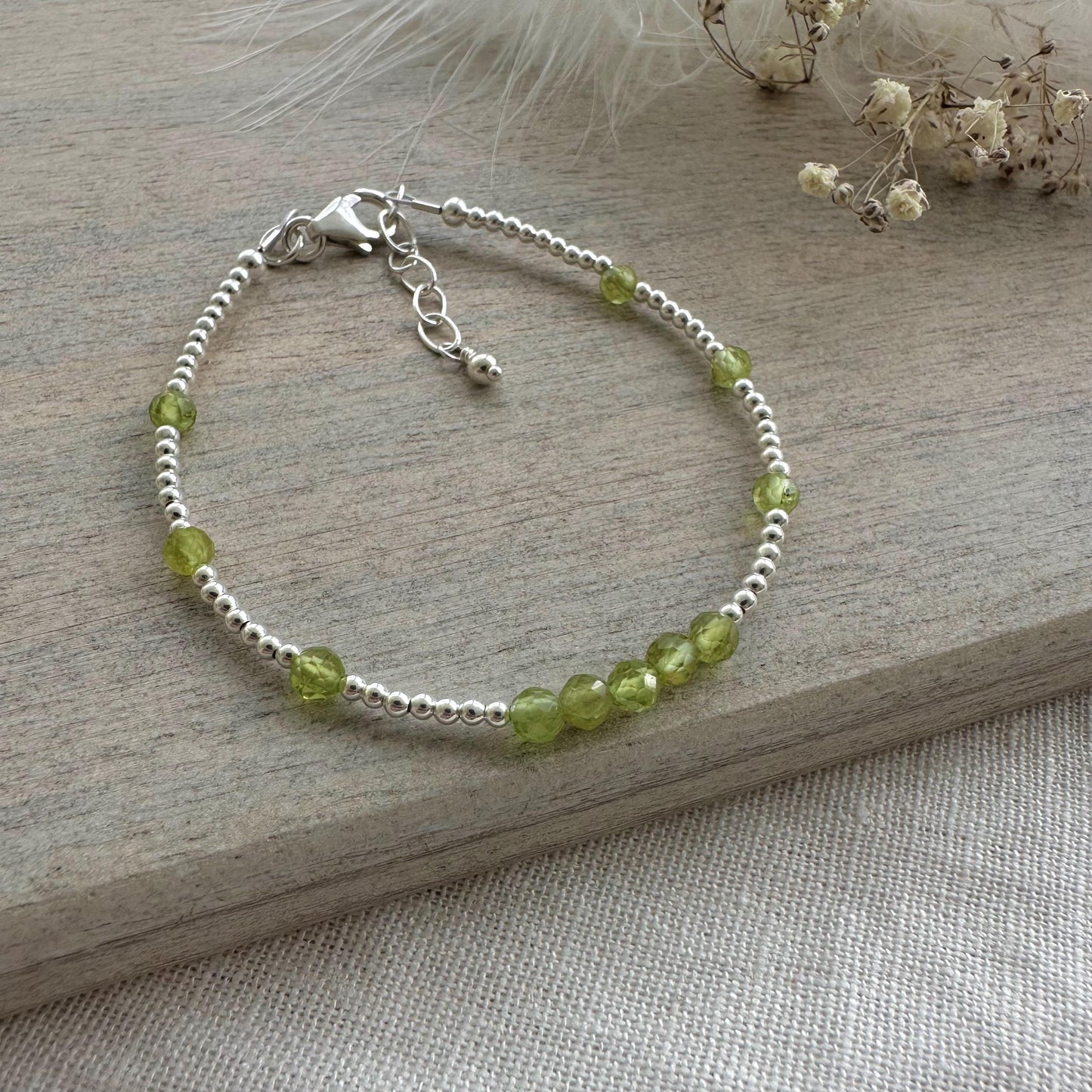 Dainty Peridot Bracelet in Sterling Silver, August Birthstone