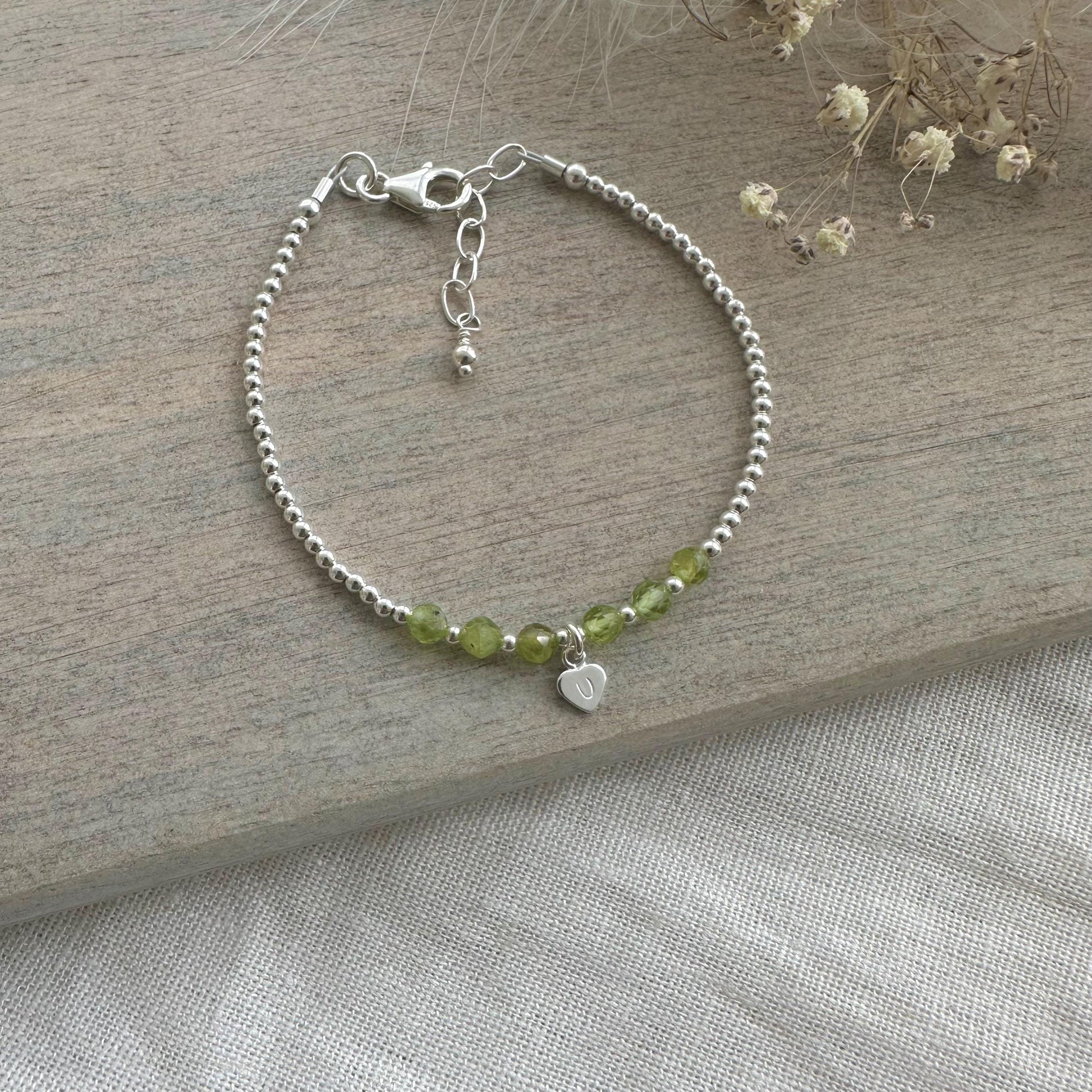 Personalised Peridot Bracelet, , Dainty August Birthstone Jewellery in Sterling Silver