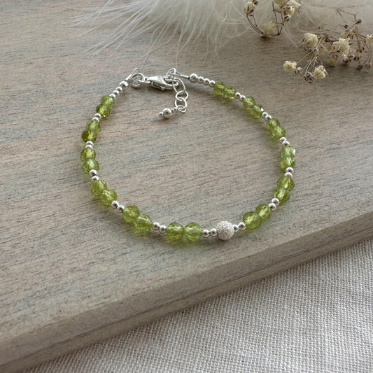 August Birthstone Bracelet, Dainty Peridot Bracelet in Sterling Silver