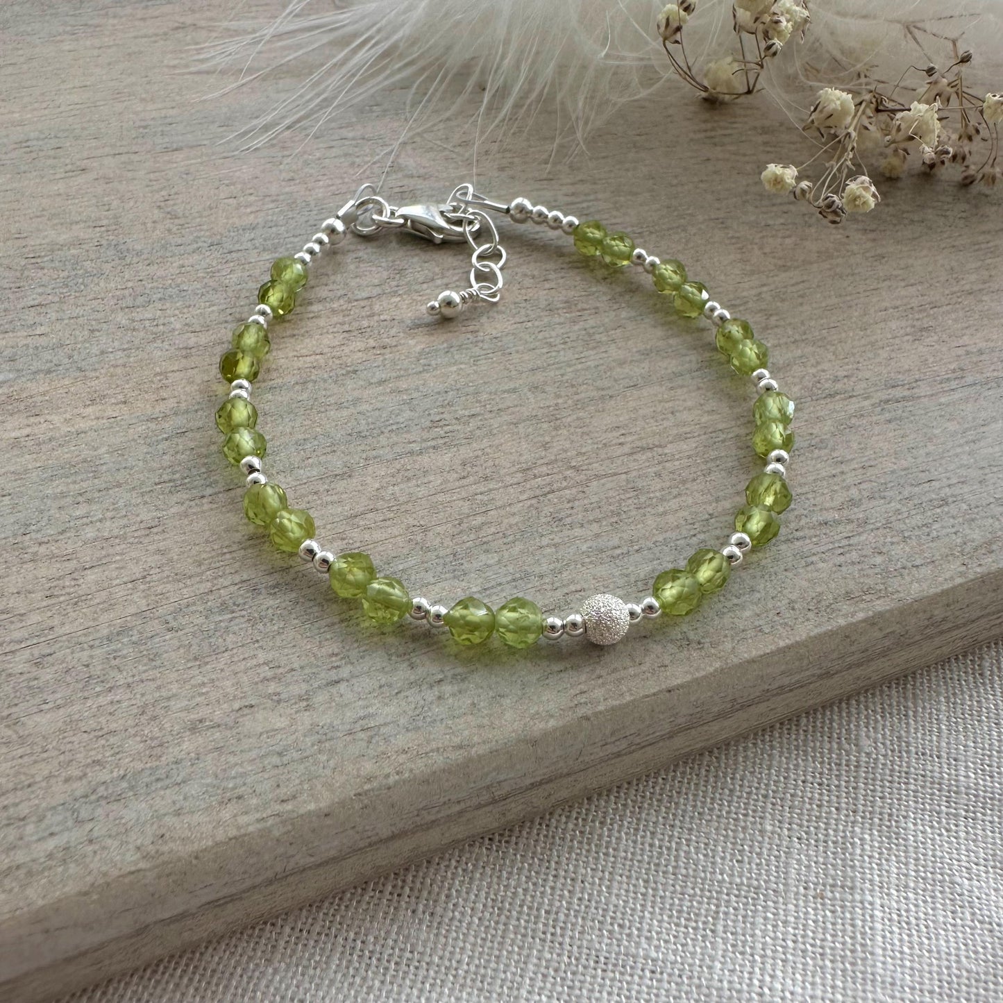 August Birthstone Bracelet, Dainty Peridot Bracelet in Sterling Silver