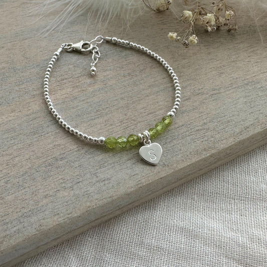 Personalised August Birthstone Bracelet, Dainty Peridot Bracelet in Sterling Silver