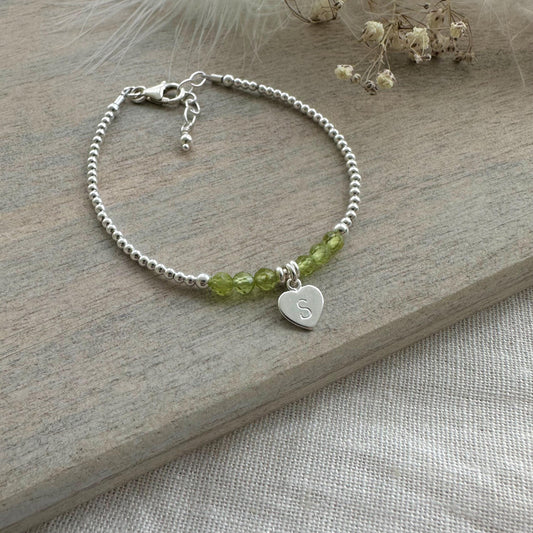 Personalised August Birthstone Bracelet, Dainty Peridot Bracelet in Sterling Silver