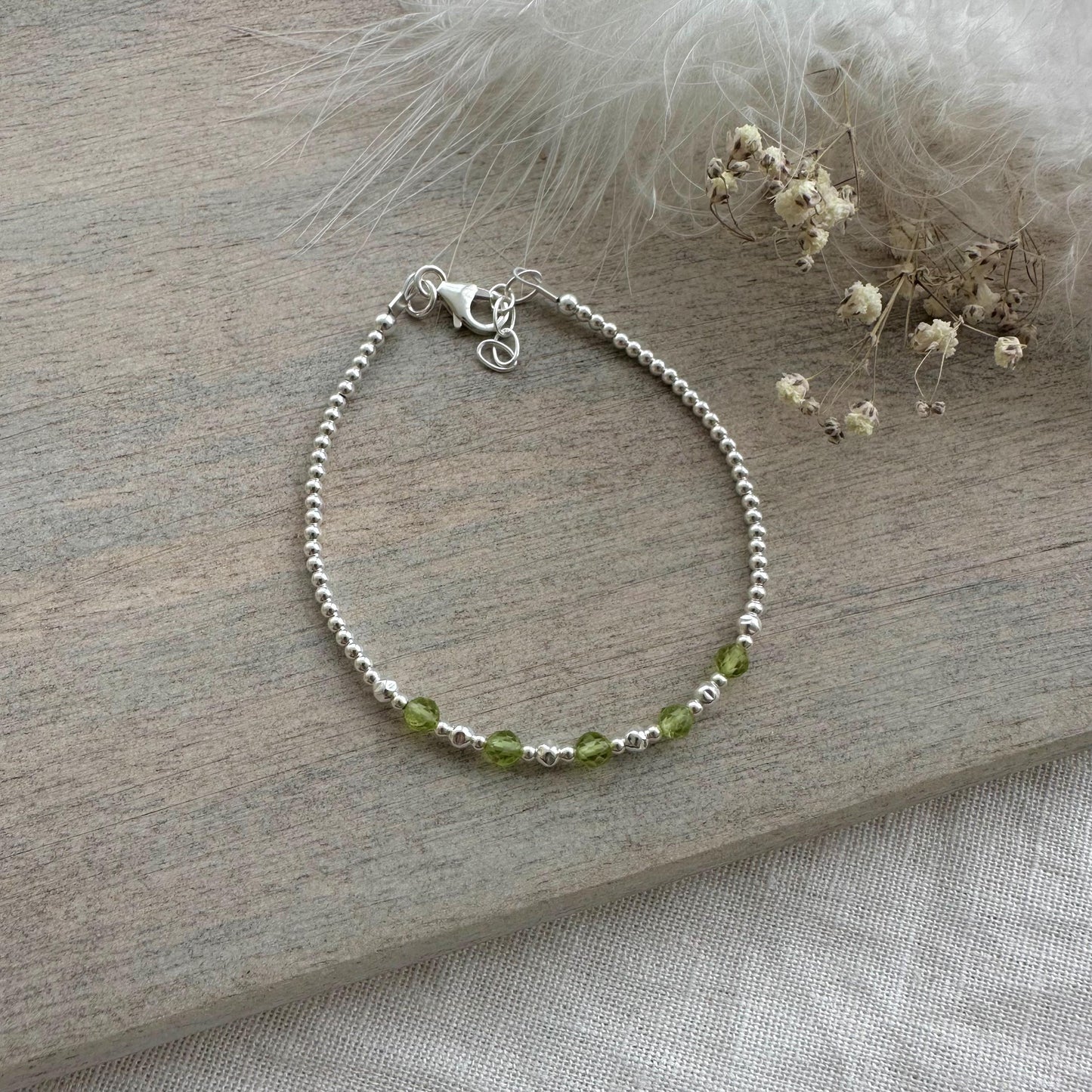 Peridot August Birthstone Bracelet, dainty stacking bracelet in sterling silver