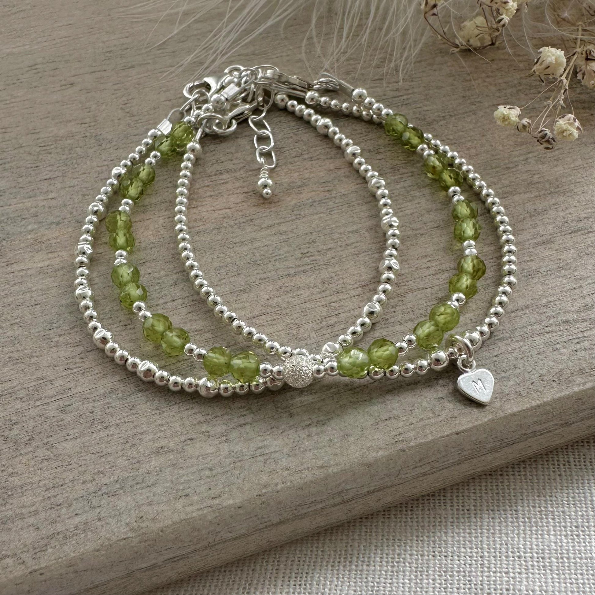 Personalised August Birthstone Peridot Bracelet Set, August Birthday Gift for Women