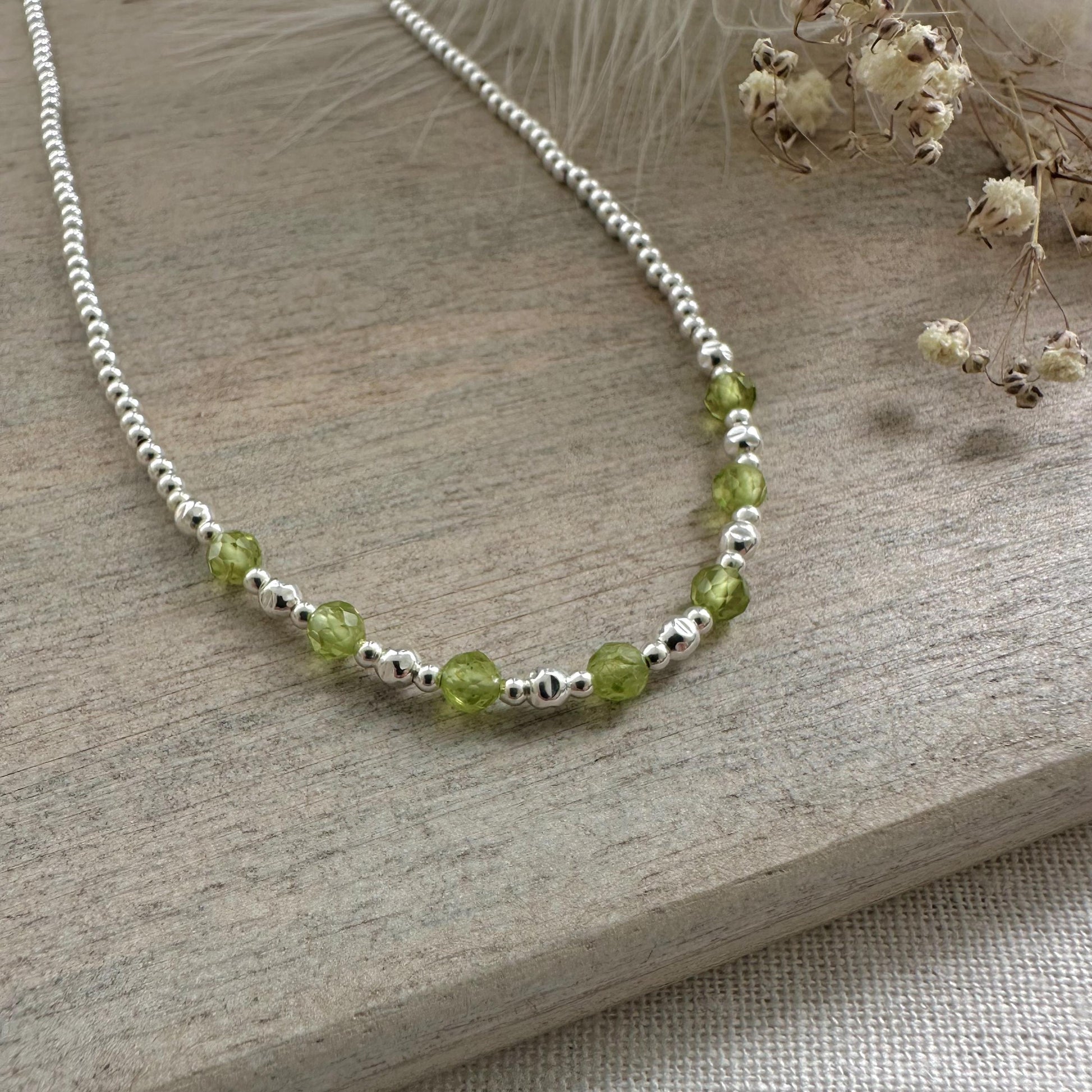 Thin Green Peridot and Sterling Silver Bead Necklace, August Birthstone