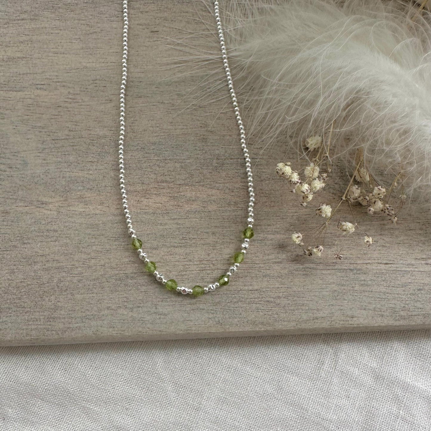 Thin Green Peridot and Sterling Silver Bead Necklace, August Birthstone