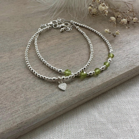 Personalised Peridot Bracelet Set, August Birthstone Jewellery