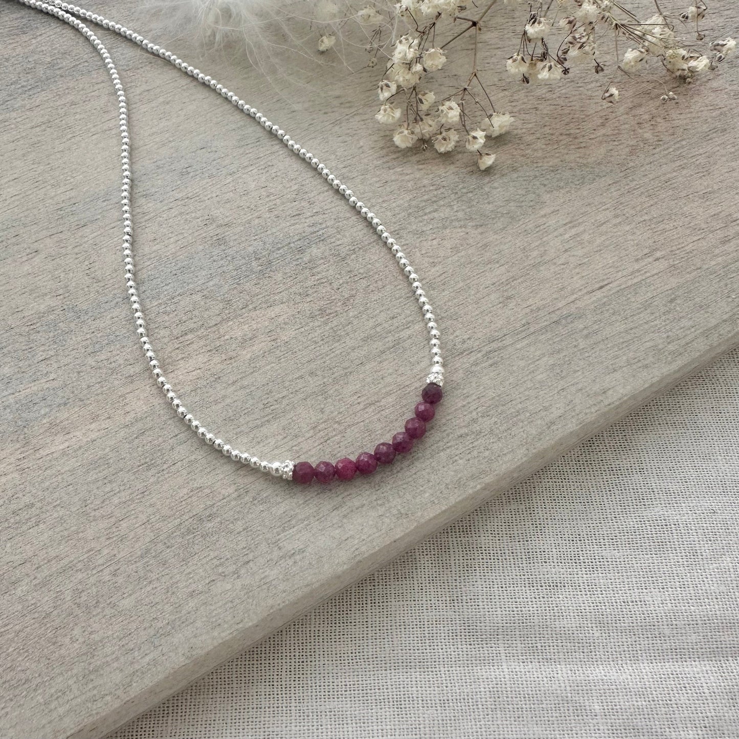 July Birthstone Ruby Necklace - Sterling Silver Beads