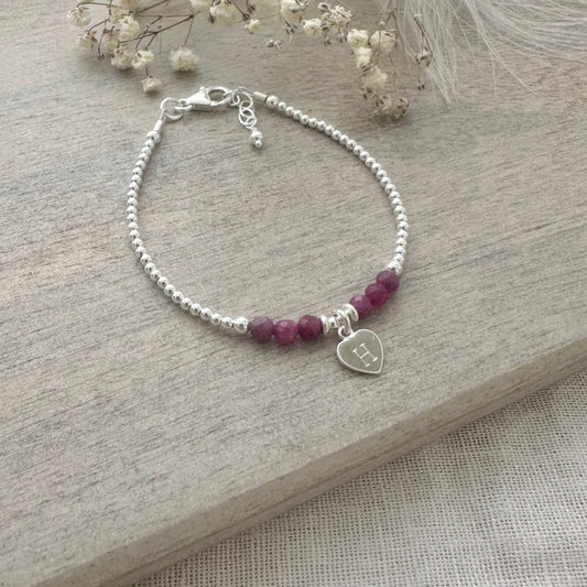 Personalised July Birthstone Bracelet, Dainty Ruby Bracelet in Sterling Silver